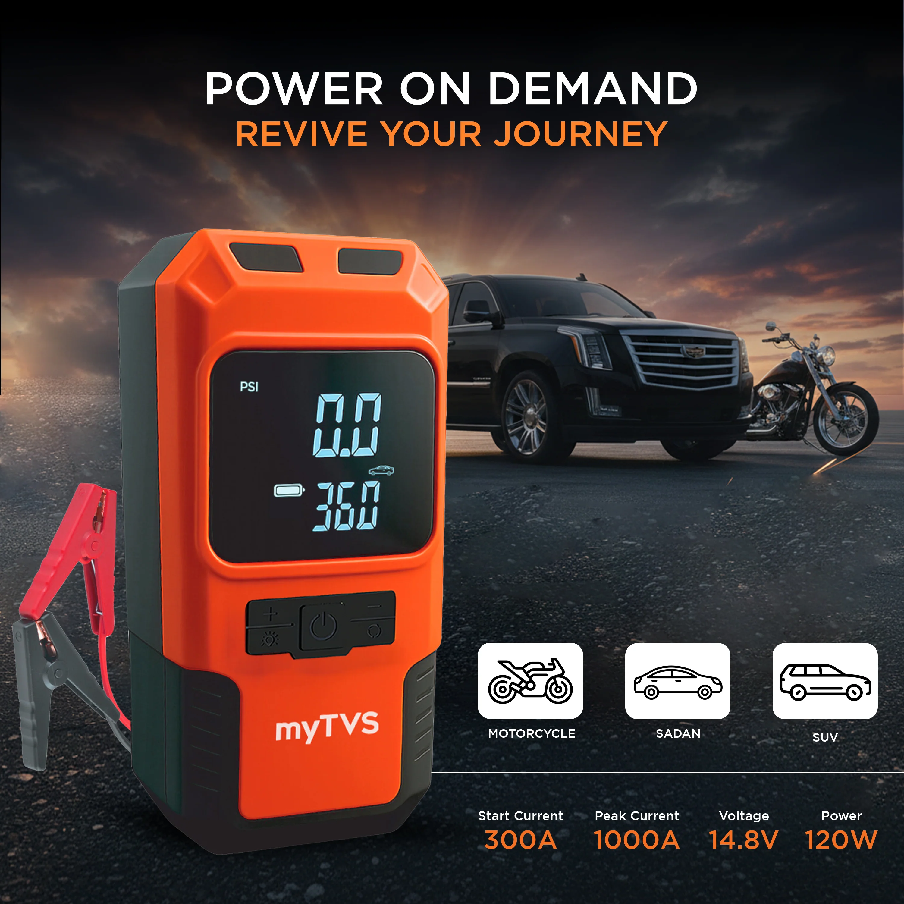 myTVS JS-1 Jump-n-Pump Portable Jump Starter with Tyre Inflator & Power Bank - Image 10